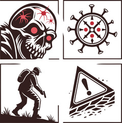 Danger of death cartoon vector icon set with skull and animal silhouette for Halloween design