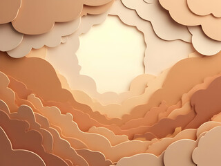 Layered Abstract Paper Cut Background with Warm Beige and Brown Tones Creating a Cloudlike Landscape Featuring a Central Cream Colored Void