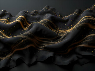 Abstract Black Fabric Draped in Waves with Gold Glitter Accents Dark Background Luxurious Textured Surface