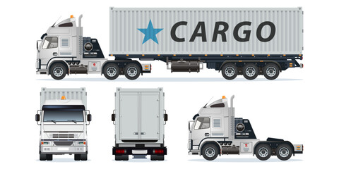 Semi trailer truck heavy star cargo container logistic delivery service view from different angles vector set illustration