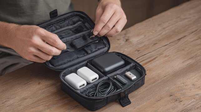 Travel Hacks Organizing Tech Accessories in a Compact Case with Charging Cables and Power Banks on a Wooden Surface