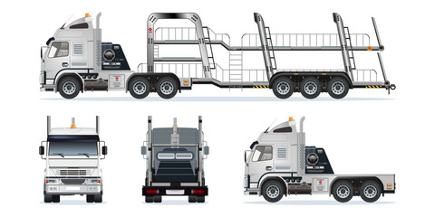 Car carrier trailer, big rig car hauler semi trailer truck transporting cars on two levels vehicle from various angles vector set illustration