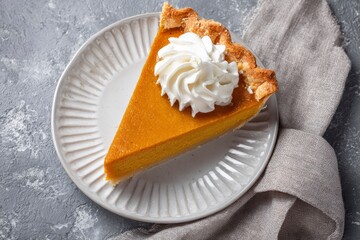 A slice of pumpkin pie on a plate topped with whipped cream rests on a textured surface with a neutraltoned cloth napkin