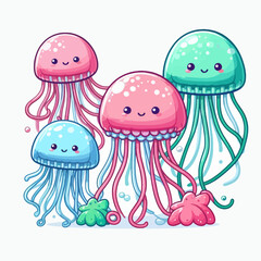 Whimsical and colorful illustration of four adorable jellyfish characters in various pastel colors.