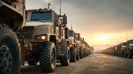 Military Vehicles Parked Row Orderly