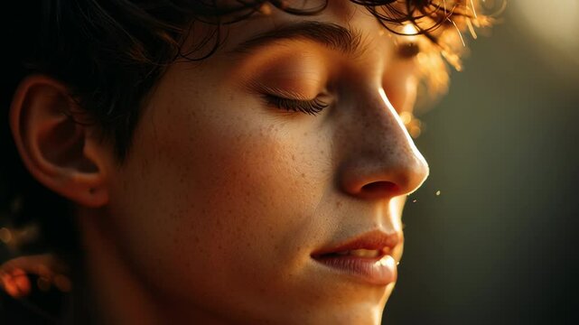 ultra-realistic close-up of a serene non-binary person meditating with peaceful face, ambient sunset glow, minimalist natural background, emotional calm