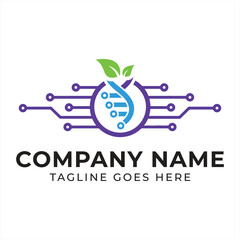 Nature Inspired Technology Logo with DNA Strand Digital Circuitry and Green Leaves for Modern Scientific Company