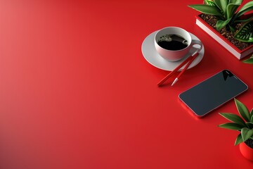 Pixel Perfect Image of Modern Red Office Desk with Smartphone and Cup of Coffee
