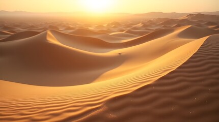 A detailed HD capture of soft sand dunes under golden sunlight, wind-sculpted ridges casting long shadows across the rippled surface -
