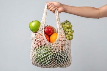 A string bag filled with various fruits held by a hand against a plain backdrop