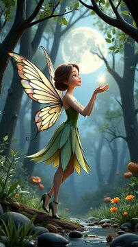 Enchanting Fairy in a Mystical Forest at Night with Moonlight and Lush Greenery Sparkling in Her Hands