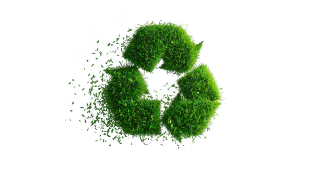 Green recycle symbol, formed from miniature plants, radiating outward