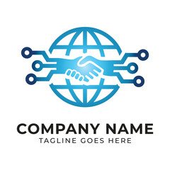 Global Technology Partnership Logo Design Blue Tech Handshake Globe, a symbol of international collaboration and digital advancement
