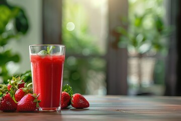 High Definition Image of Strawberries and Strawberry Juice in a Glass Cup on the Table