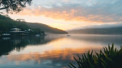Obraz premium Misty sunrise over a calm bay, houses on shore