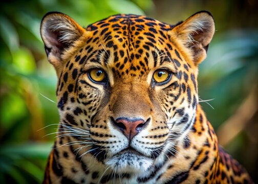 Intense Close-up Portrait of a Majestic Jaguar, Wild Cat, Powerful Gaze, Vibrant Coat, Jungle Background.