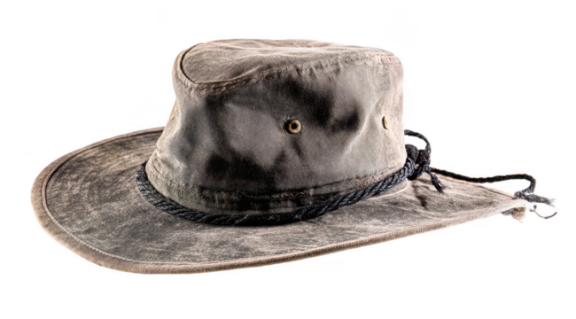 Worn outback hat, muted gray, weathered