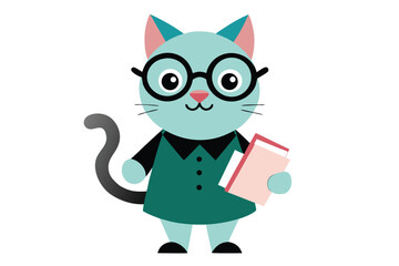Charming cat librarian wearing glasses surrounded by stacks of books
