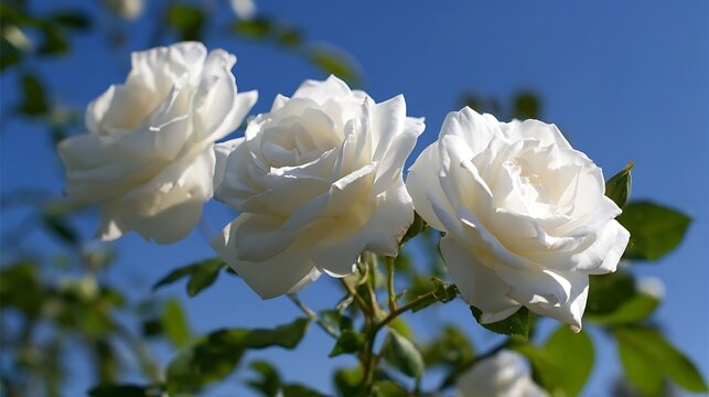 Lush white roses in full bloom against a clear, serene blue sky, symbolizing New Beginnings, Eternal Loyalty, and the Purity of Intention for wedding invitations and bridal marketing.