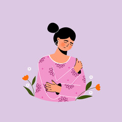 Self love girl illustration. Woman holding herself illustration vector. Mental health healing.