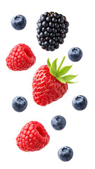 Falling wild berries mix, strawberry, raspberry, blueberry, blackberry isolated on transparent...