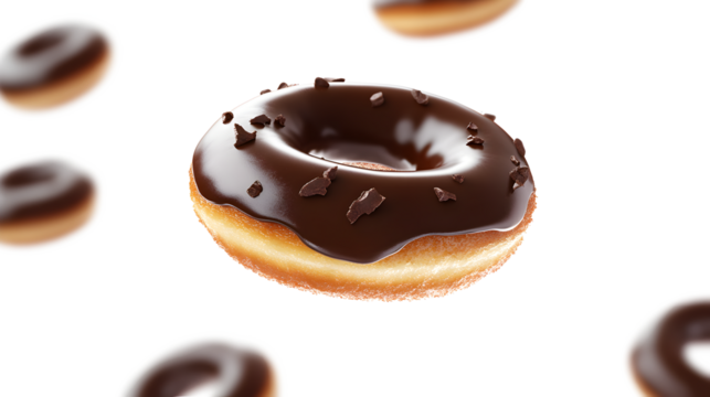 A chocolate donut with sprinkles on top. The donut is the main focus of the image, and it is the most delicious and tempting treat. The sprinkles add a touch of color and texture to the donut