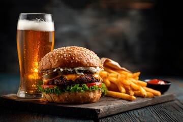 Burger fries beer on wooden board Bun covered in sesame seeds patty cheese tomato lettuce Fries spilling from paper cone ketchup in a bowl