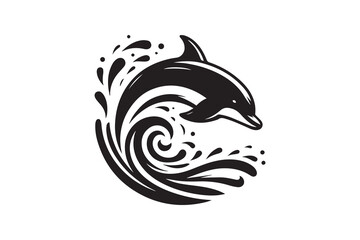 Obraz premium tropical palm trees, dolphins jumping in waves, minimalist silhouette style, blue sky background, black and white with blue accents, high contrast, simple geometric shapes, clean and modern design