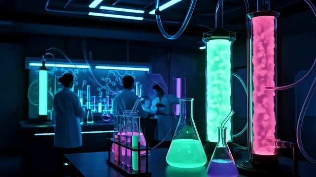 Scientists conducting experiments in a vibrant laboratory with glowing liquids and modern equipment