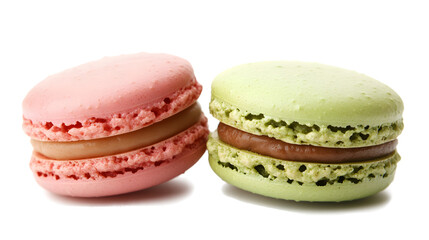 Two macarons with different colors and flavors. One is pink and the other is green. They are placed next to each other on a white background