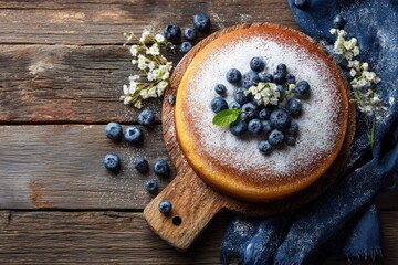 Cake topped with blueberries and icing sugar on a wooden board accompanied by small white flowers and a blue cloth set on a weathered wooden surface