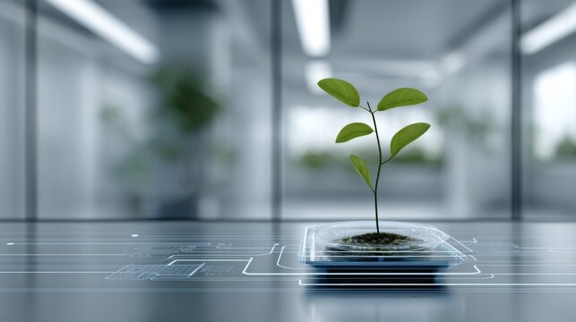Young plant in a transparent container on a digital interface Modern technology and nature concept