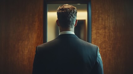 Stylish Back View of Elegant Man in Suit Standing Before Mirror