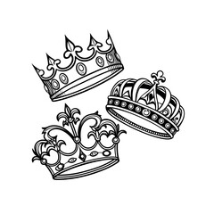 Fototapeta premium Three Elegant Crowns Royal Regalia, Kingly Headwear, Monarchical Symbols, Vintage Illustration