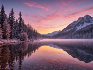 Fototapeta premium Serene Winter Sunrise Over Snow-Covered Lake and Distant Mountains