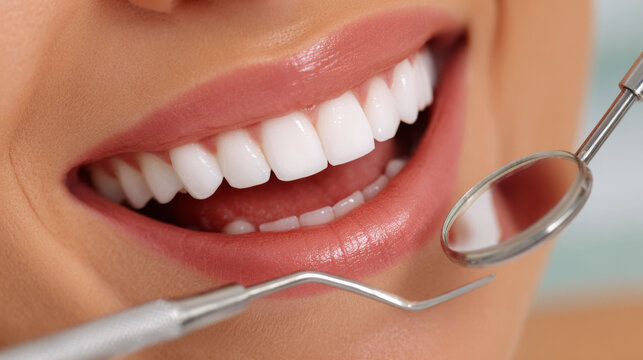 Close up of healthy white teeth with dental tools showing bright smile and dental care