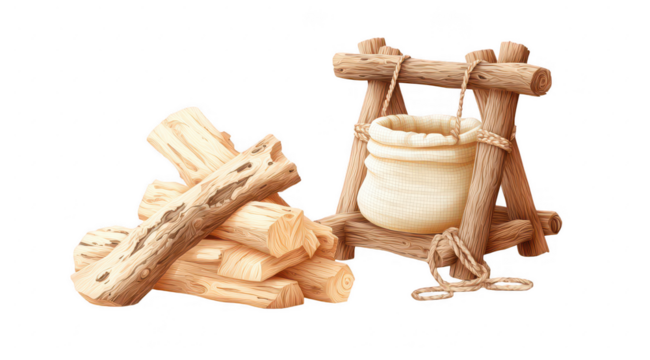 Rustic wooden logs and a hanging water jug