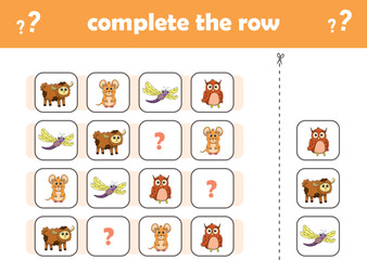 Education game for children complete the pattern. Cute wIld animals. Vector Illustration