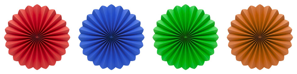 Paper rosette set in red blue green orange colors isolated on white