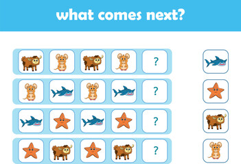 Obraz premium What comes next. Logical activity for preschool children with cute wild animals. Vector Illustration