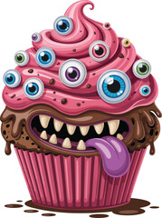 Monster Cupcake with Multiple Eyes and Pink Frosting Front View, Whimsical Dessert Illustration, Halloween Character Design, Creative Spooky Food Vector Artwork