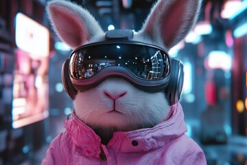 Futuristic rabbit wearing VR goggles and a jacket stands in a neon-lit urban environment during the evening hour