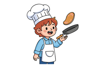 Cheerful Child Chef Tossing Pancake in Frying Pan.