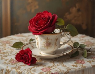 A Single Red Rose in a Delicate Porcelain Teacup on an Ornate Tablecloth