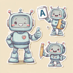 A fun set of cute, retro cartoon robot character vector illustrations