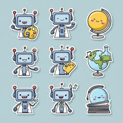 A fun set of cute, retro cartoon robot character vector illustrations