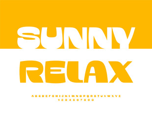 Vector Summer badge Sunny Relax. Stylish Yellow Font. Fashion Uppercase Alphabet Letters and Numbers set