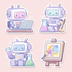 A fun set of cute, retro cartoon robot character vector illustrations