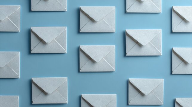 White Envelopes Arranged on a Soft Blue Background Offering a Clean and Professional Look for Various Uses