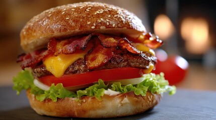 Juicy Bacon Cheeseburger with Fresh Lettuce and Tomato on a Sesame Seed Bun